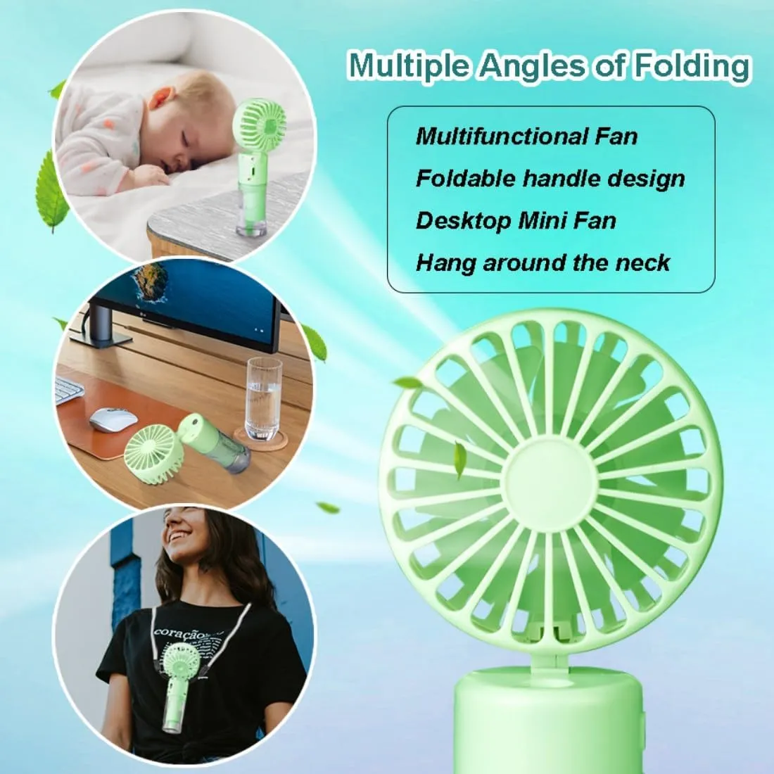 Handheld Misting Fan, Multi-purpose for Portable Mini Mister Neck Fan, 1500mAh Desk Fan, 4 Speed Adjustable, Suitable for Women, Home, Office, Travel (Green)
