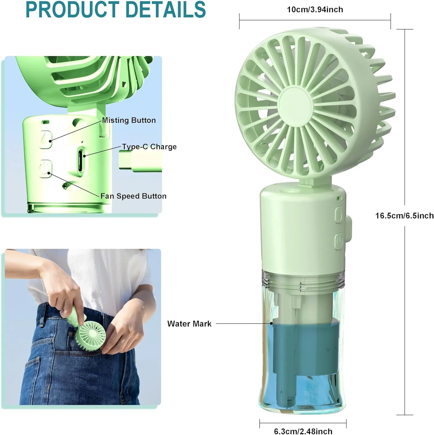 Handheld Misting Fan, Multi-purpose for Portable Mini Mister Neck Fan, 1500mAh Desk Fan, 4 Speed Adjustable, Suitable for Women, Home, Office, Travel (Green)