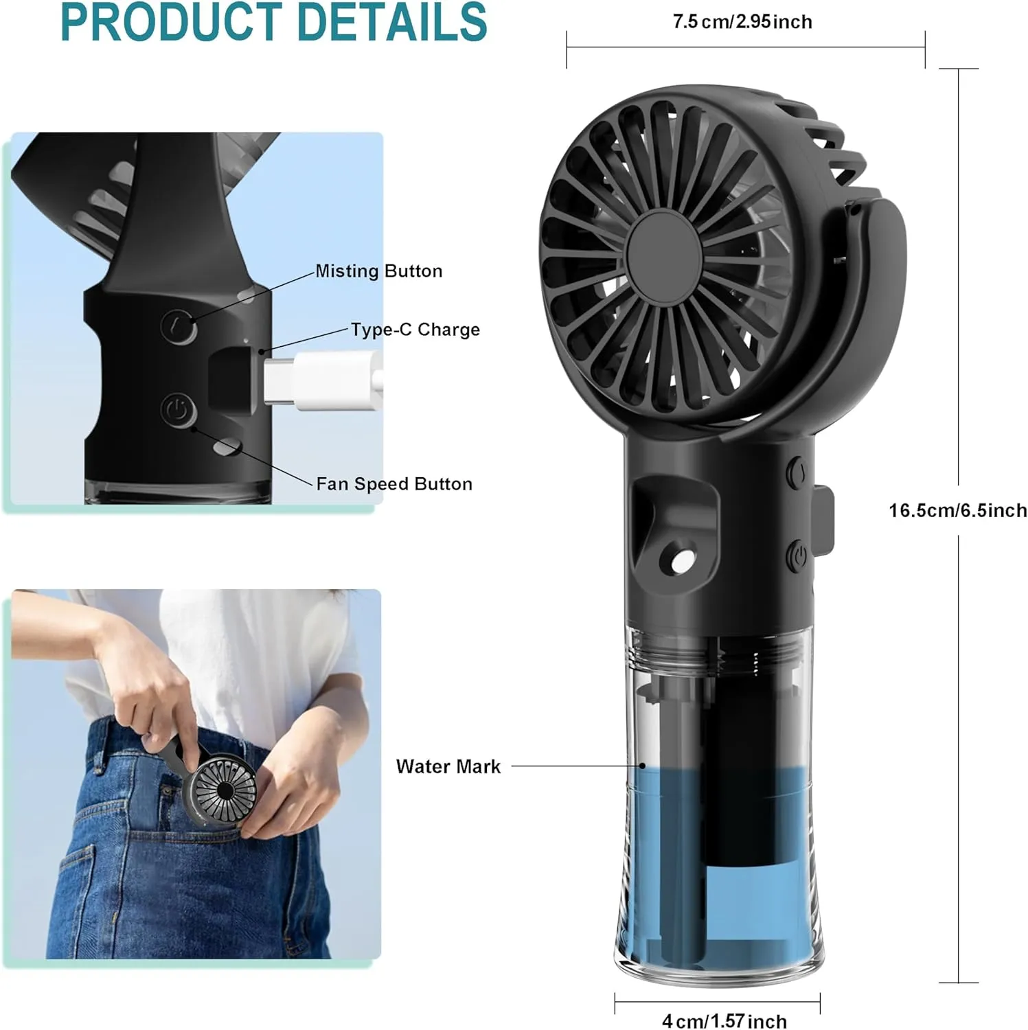 Handheld Misting FanRechargeable Battery Operated Portable 4 Speeds & 55ml 360 Swiveling Personal Fan for Travel Camping Outdoor (Black)