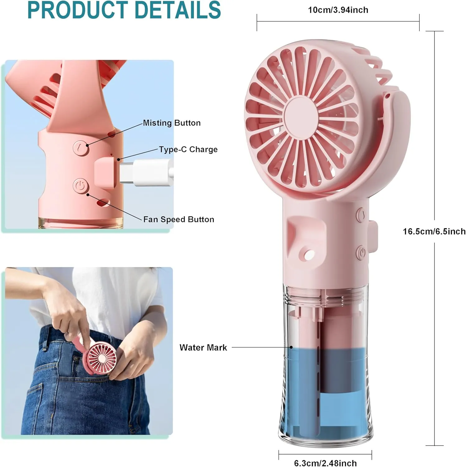 Handheld Misting FanRechargeable Battery Operated Portable 4 Speeds & 55ml 360 Swiveling Personal Fan for Travel Camping Outdoor (Pink)