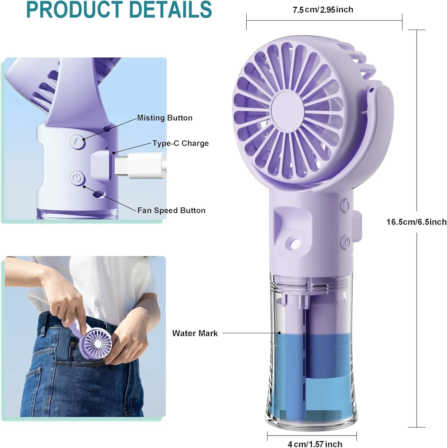 Handheld Misting FanRechargeable Battery Operated Portable 4 Speeds & 55ml 360 Swiveling Personal Fan for Travel Camping Outdoor (Purple)