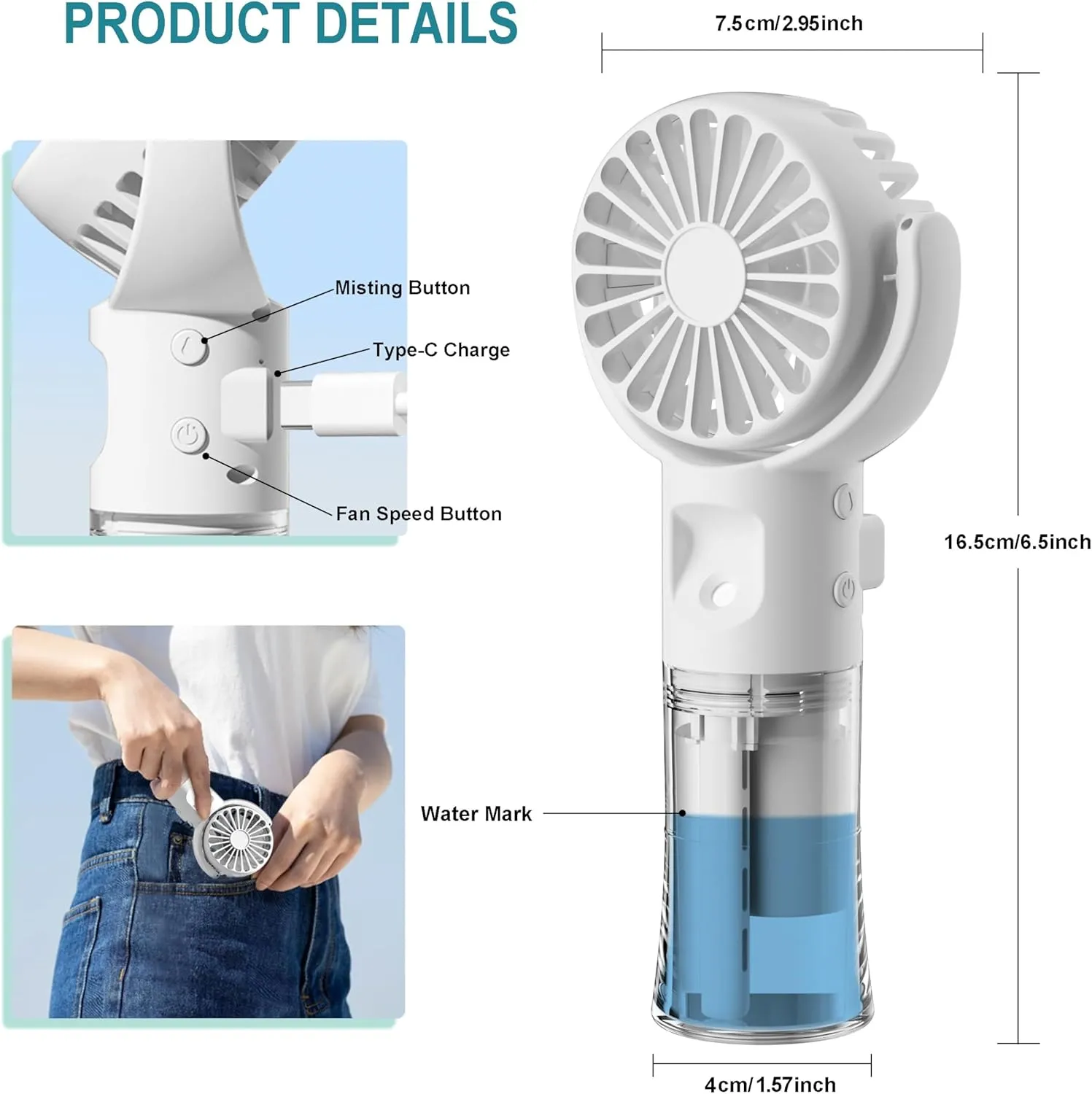 Handheld Misting FanRechargeable Battery Operated Portable 4 Speeds & 55ml 360 Swiveling Personal Fan for Travel Camping Outdoor (White)