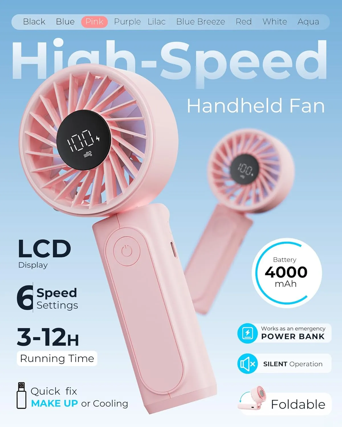 Handheld Portable Fan, 4000mAh USB Rechargeable Personal Fan, 180 Foldable Mini Desk Fan with 6 Wind Speed, LCD Digital Display, Lanyard as Neck Fan, Ultra Quiet