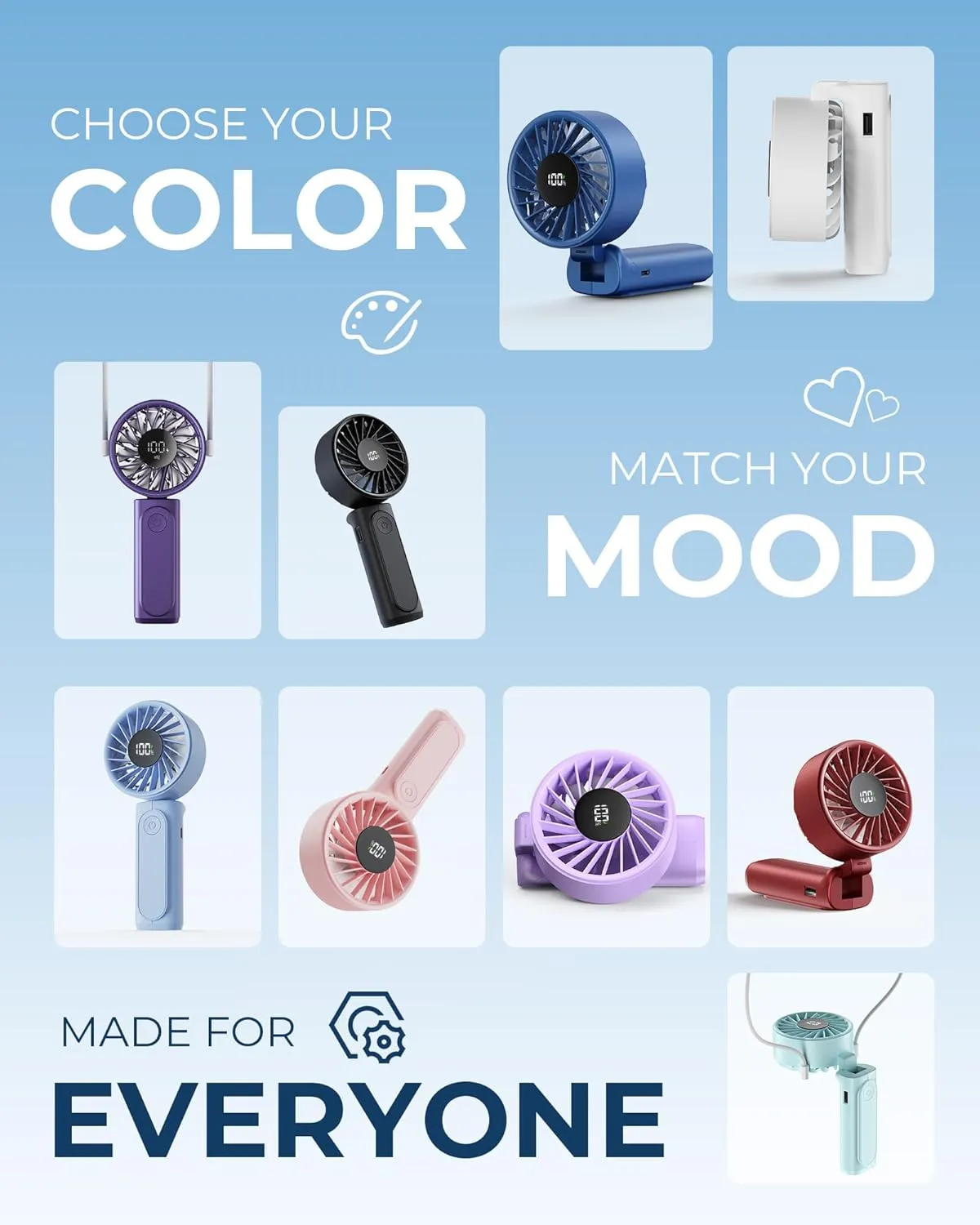 Handheld Portable Fan, 4000mAh USB Rechargeable Personal Fan, 180 Foldable Mini Desk Fan with 6 Wind Speed, LCD Digital Display, Lanyard as Neck Fan, Ultra Quiet