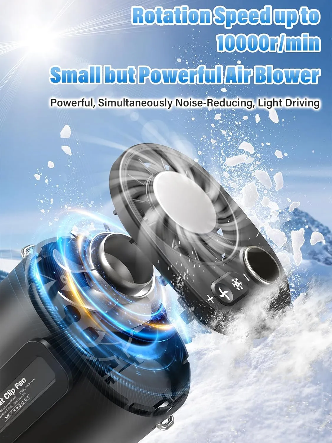 Handheld Portable Fan Rechargeable with Ice Cooler, 5000mAh, 1-100 Speeds,Strong Airflow, Personal Waist Fan, Hands-Free Hanging,Wearable for Camping, Outdoor, Jobsite