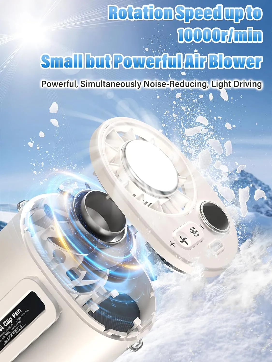 Handheld Portable Fan Rechargeable with Ice Cooler, 5000mAh, 1-100 Speeds,Strong Airflow, Personal Waist Fan, Hands-Free Hanging,Wearable for Camping, Outdoor, Jobsite