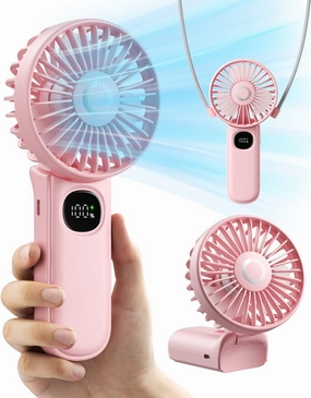Handheld Fan, Foldable Portable Fan with LED Display, 3000mAh Battery Operated Mini Hand Held Fan, Handheld/Neck/Desk 3 in 1 Personal Small Fan for Eyelash Makeup Travel Beach Outdoor Pink Mini handheld fan for personal cooling