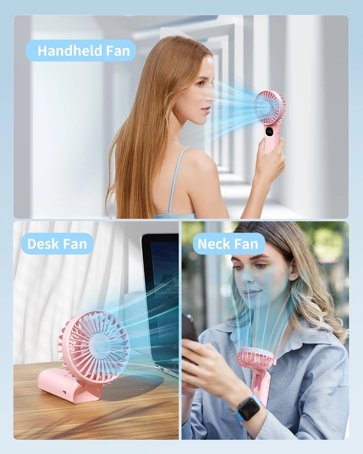 Handheld Fan, Foldable Portable Fan with LED Display, 3000mAh Battery Operated Mini Hand Held Fan, Handheld/Neck/Desk 3 in 1 Personal Small Fan for Eyelash Makeup Travel Beach Outdoor Pink