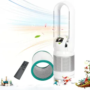 HEATIT Bladeless Fan with Remote and Air Purifier Tower Fan 80 Oscillating with 8 Speeds 8H Timer Air Circulator Fan HEPA Filter with PM 2.5 for Home Bedroom Kitchen and Office White Tower bladeless fan for modern homes