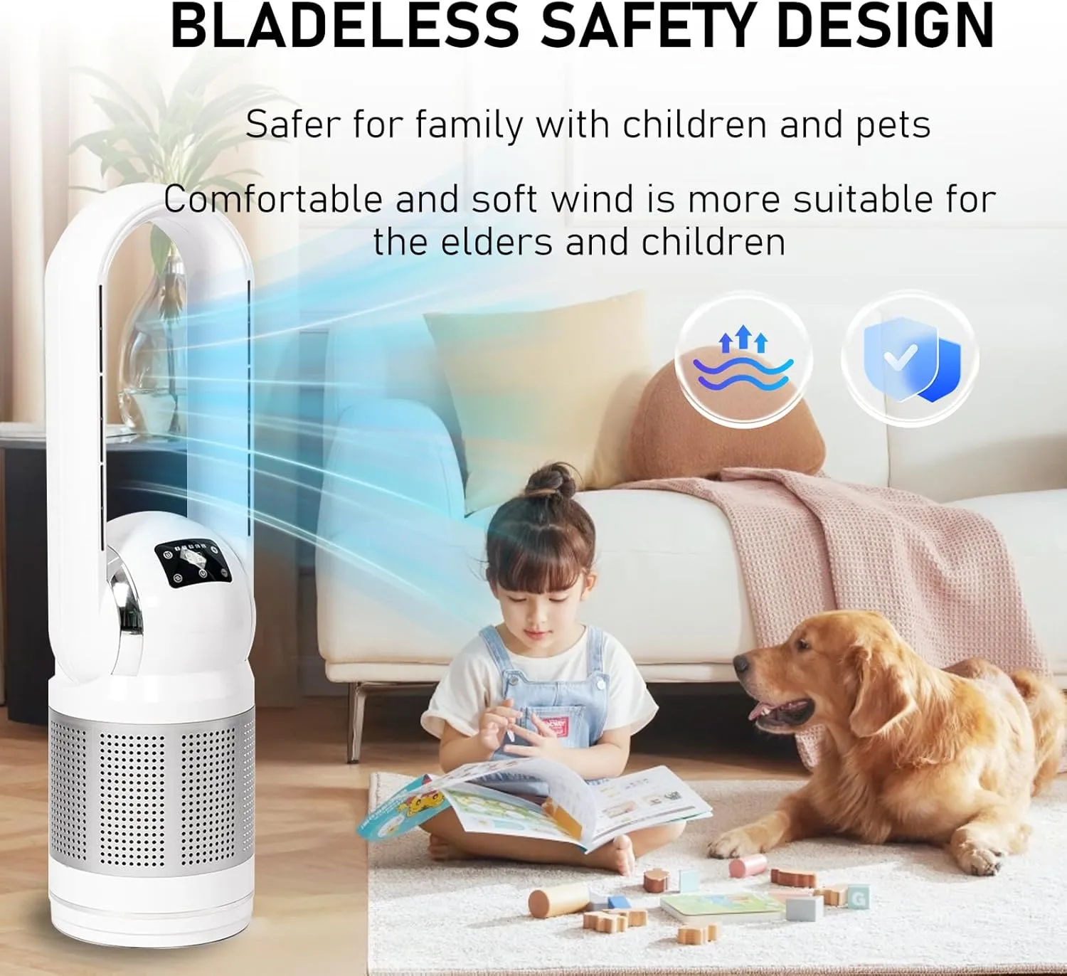 HEATIT Bladeless Fan with Remote and Air Purifier Tower Fan 80 Oscillating with 8 Speeds 8H Timer Air Circulator Fan HEPA Filter with PM 2.5 for Home Bedroom Kitchen and Office White