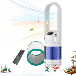 HEATIT Spacer Heater Bladeless Fan with Remote and Air Purifier Tower Fan 80 Oscillating with 8 Speeds 8H Timer Air Circulator Fan HEPA Filter with PM 2.5 for Home Bedroom Kitchen and Office Blue Tower bladeless fan for modern homes