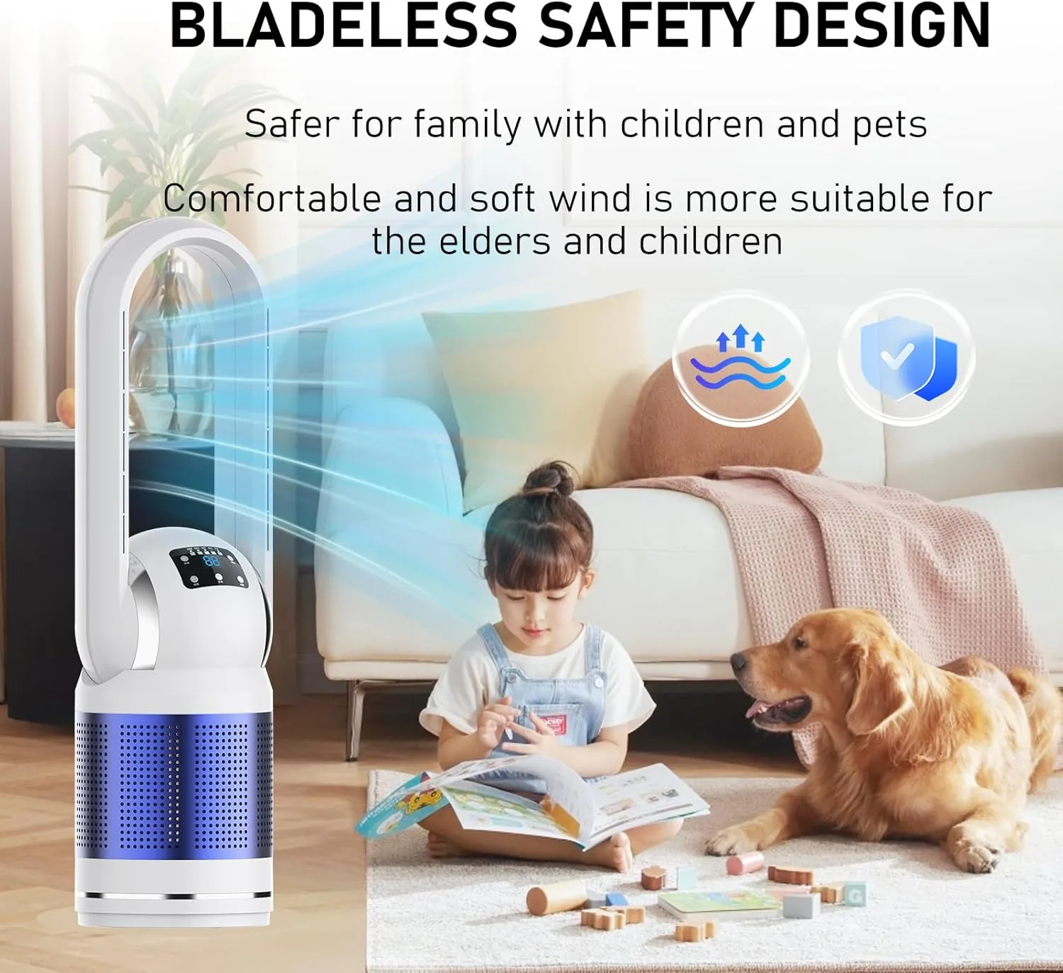 HEATIT Spacer Heater Bladeless Fan with Remote and Air Purifier Tower Fan 80 Oscillating with 8 Speeds 8H Timer Air Circulator Fan HEPA Filter with PM 2.5 for Home Bedroom Kitchen and Office Blue