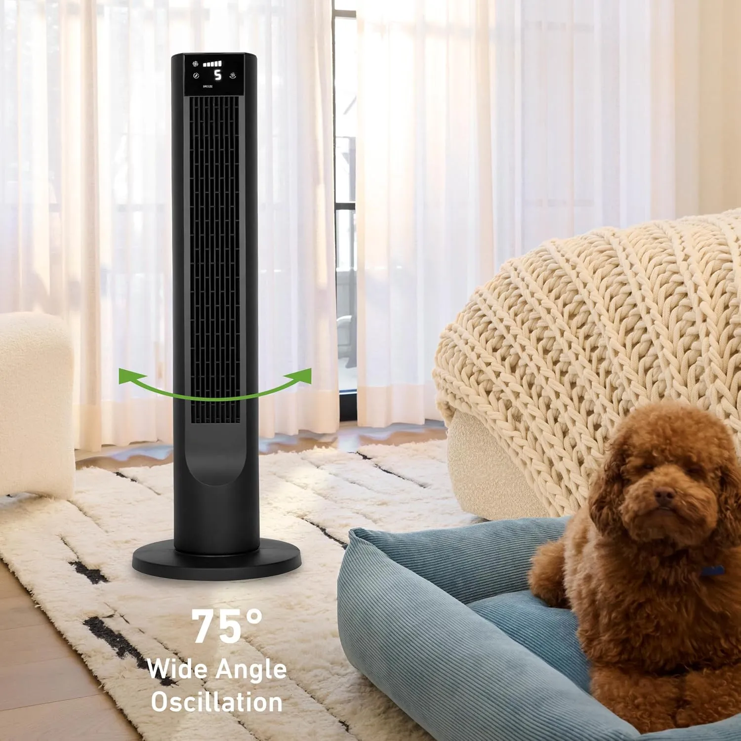 Holmes 36" CleanBreeze Digital Tower Fan with Removable Blade, ClearRead Display, 75 Oscillation, 6 Speeds, 4 Modes, 12-Hour Timer, Home, Bedroom or Office, Remote Control, Matte Black