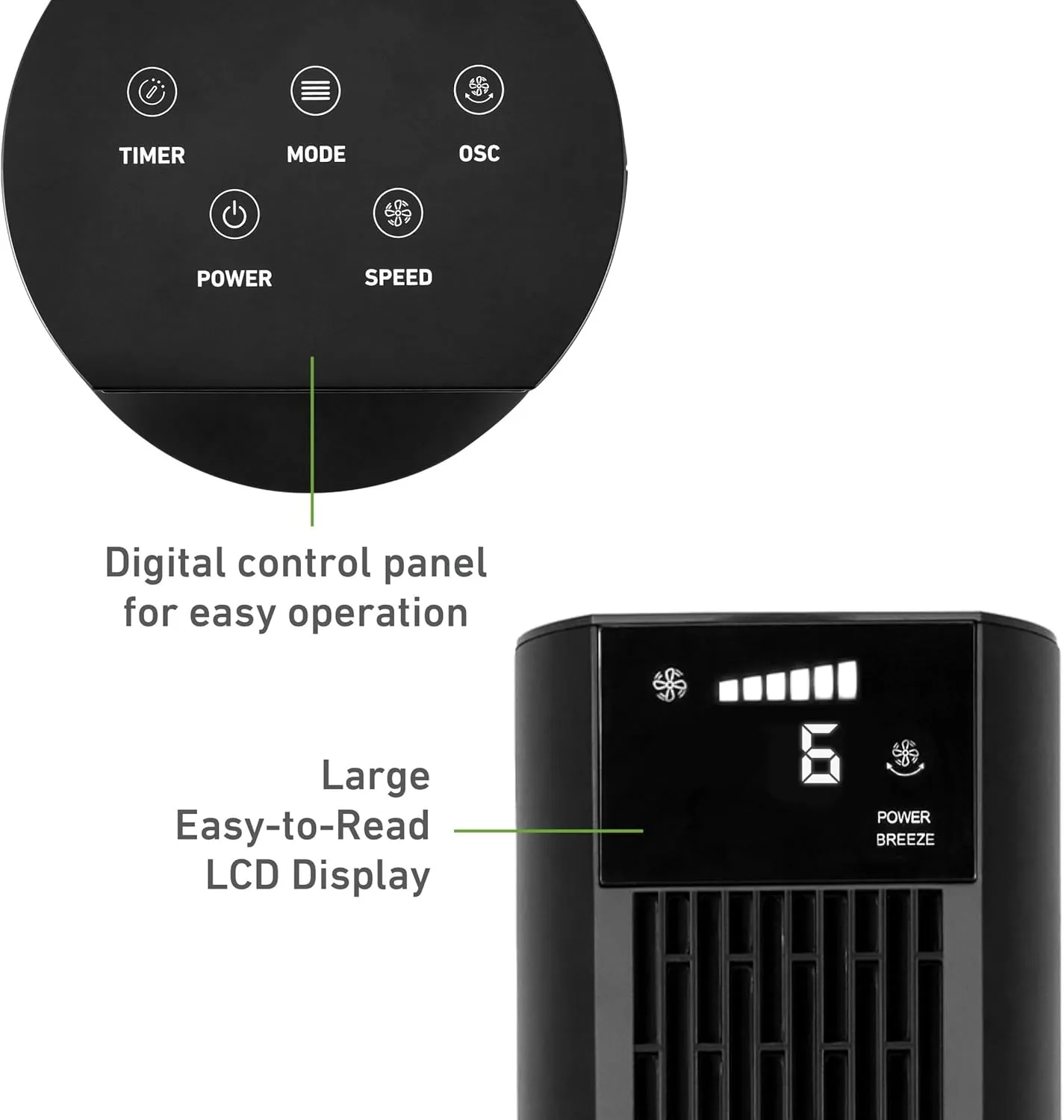 Holmes 36" CleanBreeze Digital Tower Fan with Removable Blade, ClearRead Display, 75 Oscillation, 6 Speeds, 4 Modes, 12-Hour Timer, Home, Bedroom or Office, Remote Control, Matte Black