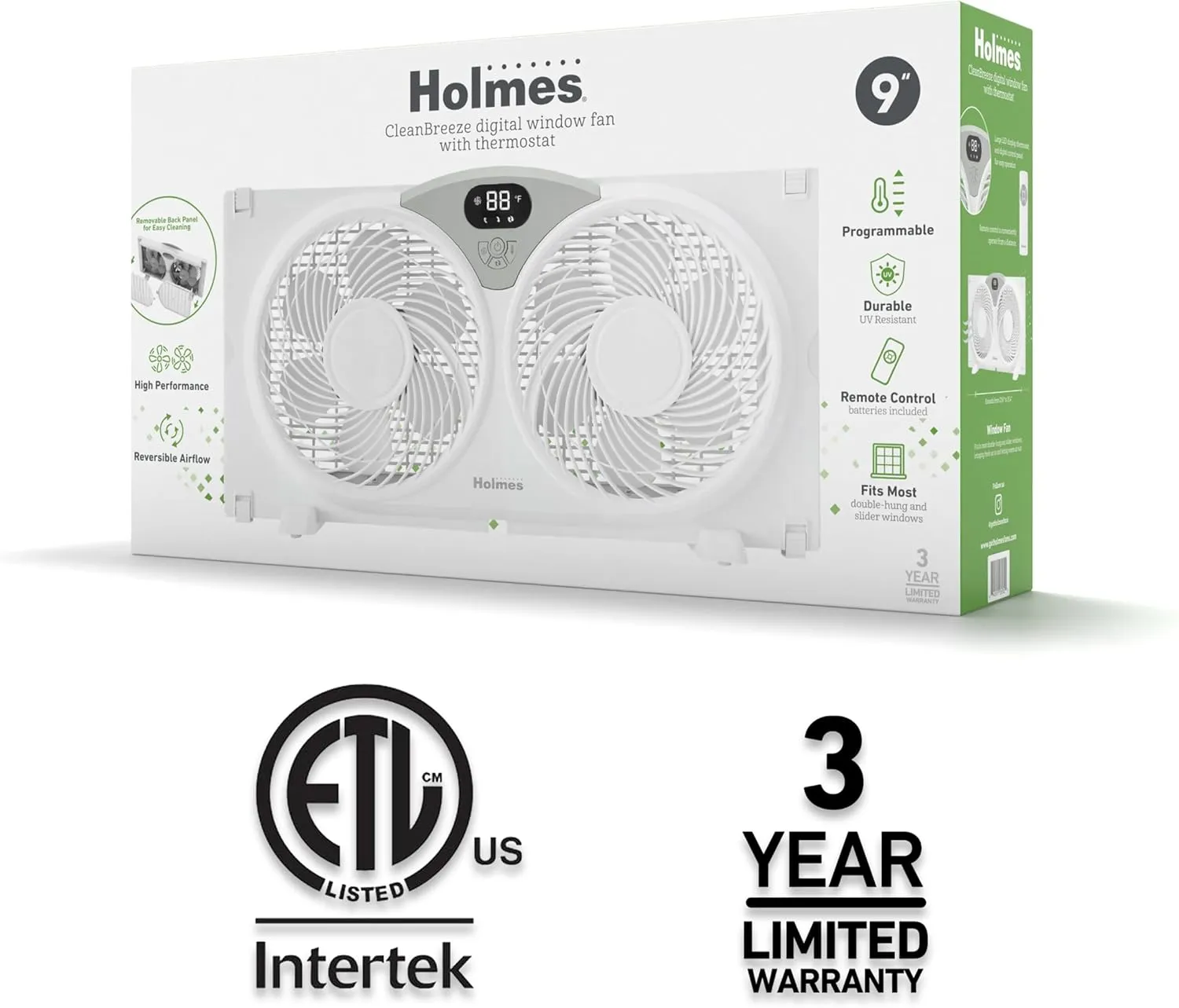 Holmes 9" CleanBreeze Digital Window Fan Thermostat, Remote Control, Adjustable Extender Panels, Water-Resistant Design, White