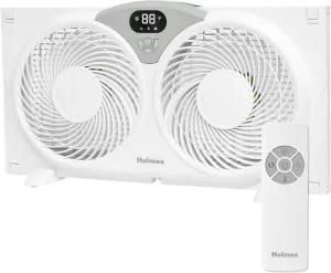 Holmes 9" CleanBreeze Digital Window Fan Thermostat, Remote Control, Adjustable Extender Panels, Water-Resistant Design, White Fan with safety blade design