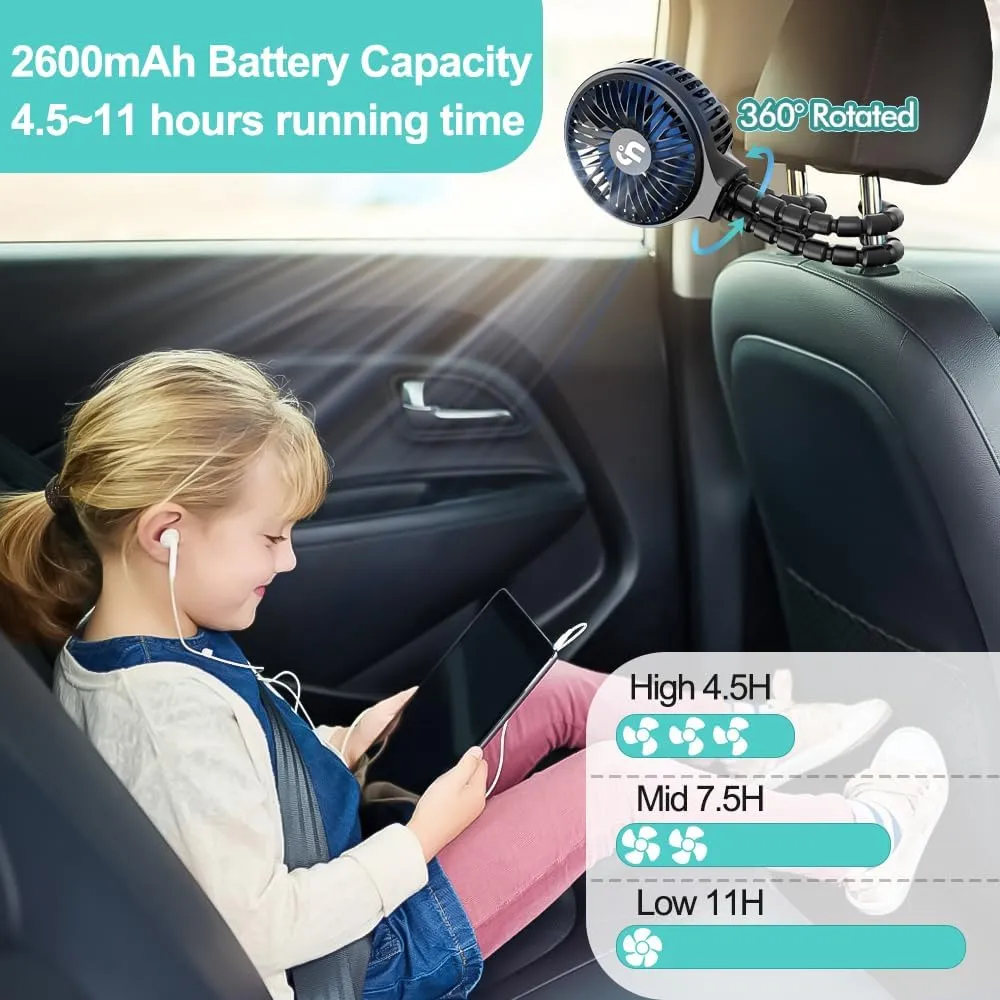 HomeLifairy Portable Stroller Fan, USB or Rechargeable Battery Operated with 3 Speeds and 360Rotate, Cooling Clip On for Baby Crib Travel Car Seat Black