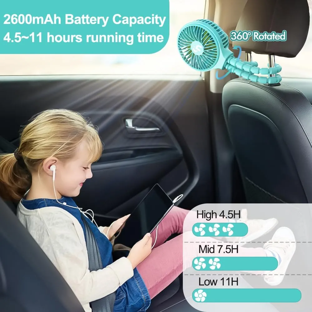 HomeLifairy Portable Stroller Fan, USB or Rechargeable Battery Operated with 3 Speeds and 360Rotate, Cooling Clip On for Baby Crib Travel Car Seat Blue