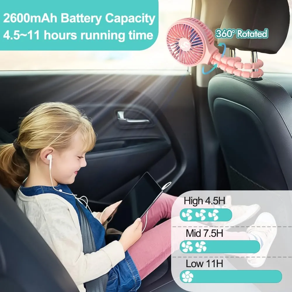 HomeLifairy Portable Stroller Fan, USB or Rechargeable Battery Operated with 3 Speeds and 360Rotate, Cooling Clip On for Baby Crib Travel Car Seat Pink