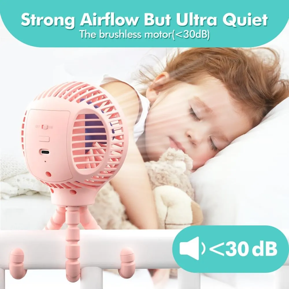 HomeLifairy Portable Stroller Fan, USB or Rechargeable Battery Operated with 3 Speeds and 360Rotate, Cooling Clip On for Baby Crib Travel Car Seat Pink