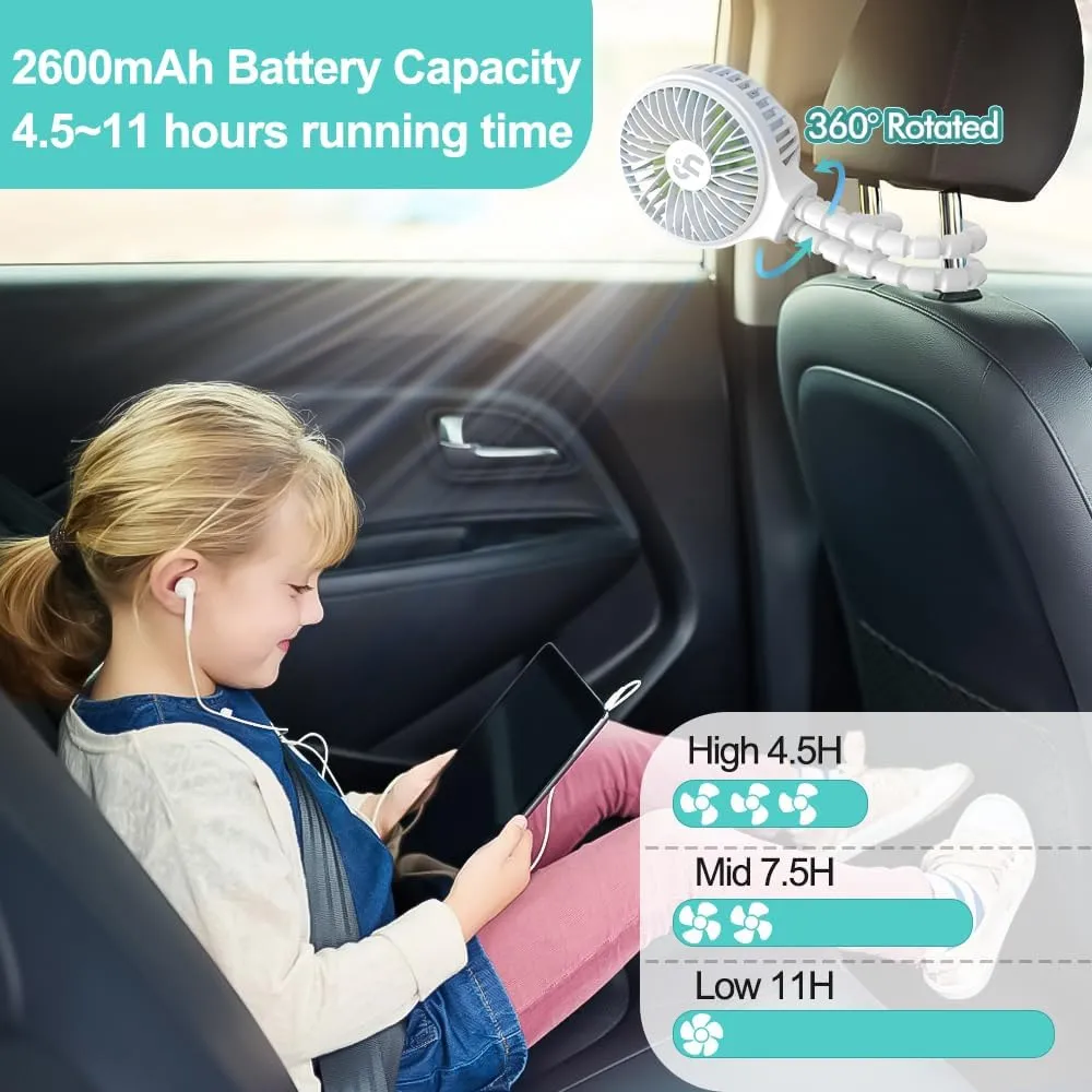 HomeLifairy Portable Stroller Fan, USB or Rechargeable Battery Operated with 3 Speeds and 360Rotate, Cooling Clip On for Baby Crib Travel Car Seat White