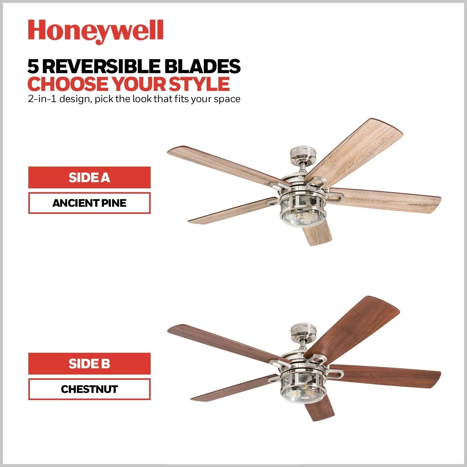 Honeywell Ceiling Fans Bonterra Modern 52 Inch Ceiling Fan with Light, Remote Control, LED Indoor Fan with 5 Blades, Light Brown Pine and Brown Chestnut Blade Finish Options, Brushed Nickel (50610-01)