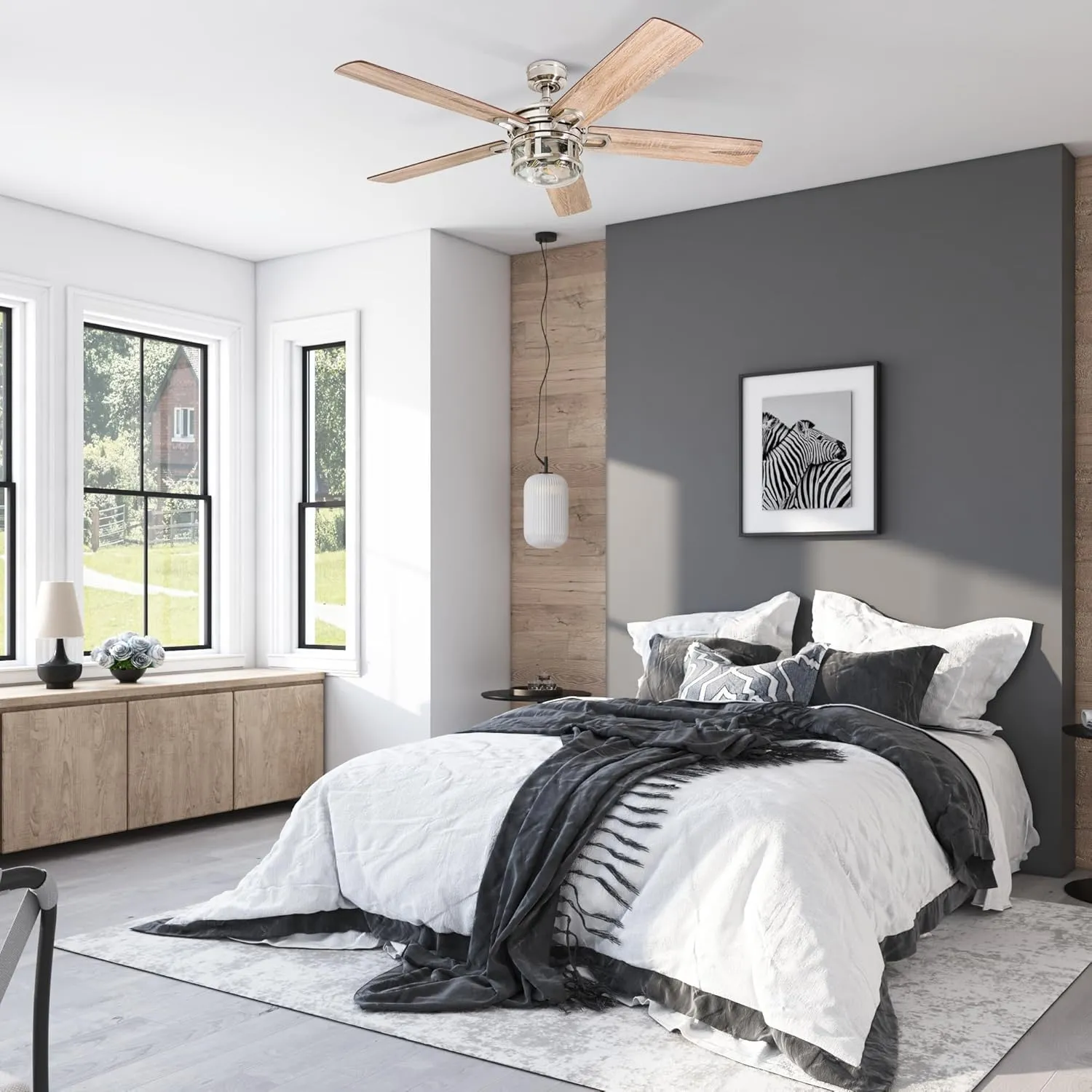 Honeywell Ceiling Fans Bonterra Modern 52 Inch Ceiling Fan with Light, Remote Control, LED Indoor Fan with 5 Blades, Light Brown Pine and Brown Chestnut Blade Finish Options, Brushed Nickel (50610-01)