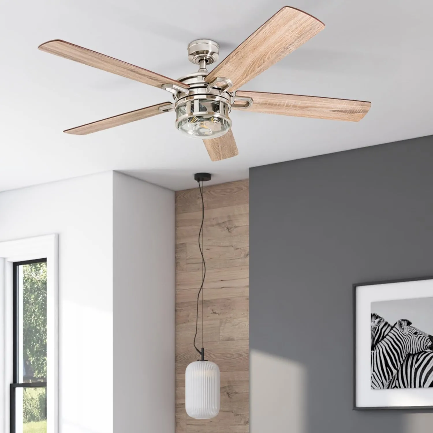 Honeywell Ceiling Fans Bonterra Modern 52 Inch Ceiling Fan with Light, Remote Control, LED Indoor Fan with 5 Blades, Light Brown Pine and Brown Chestnut Blade Finish Options, Brushed Nickel (50610-01)