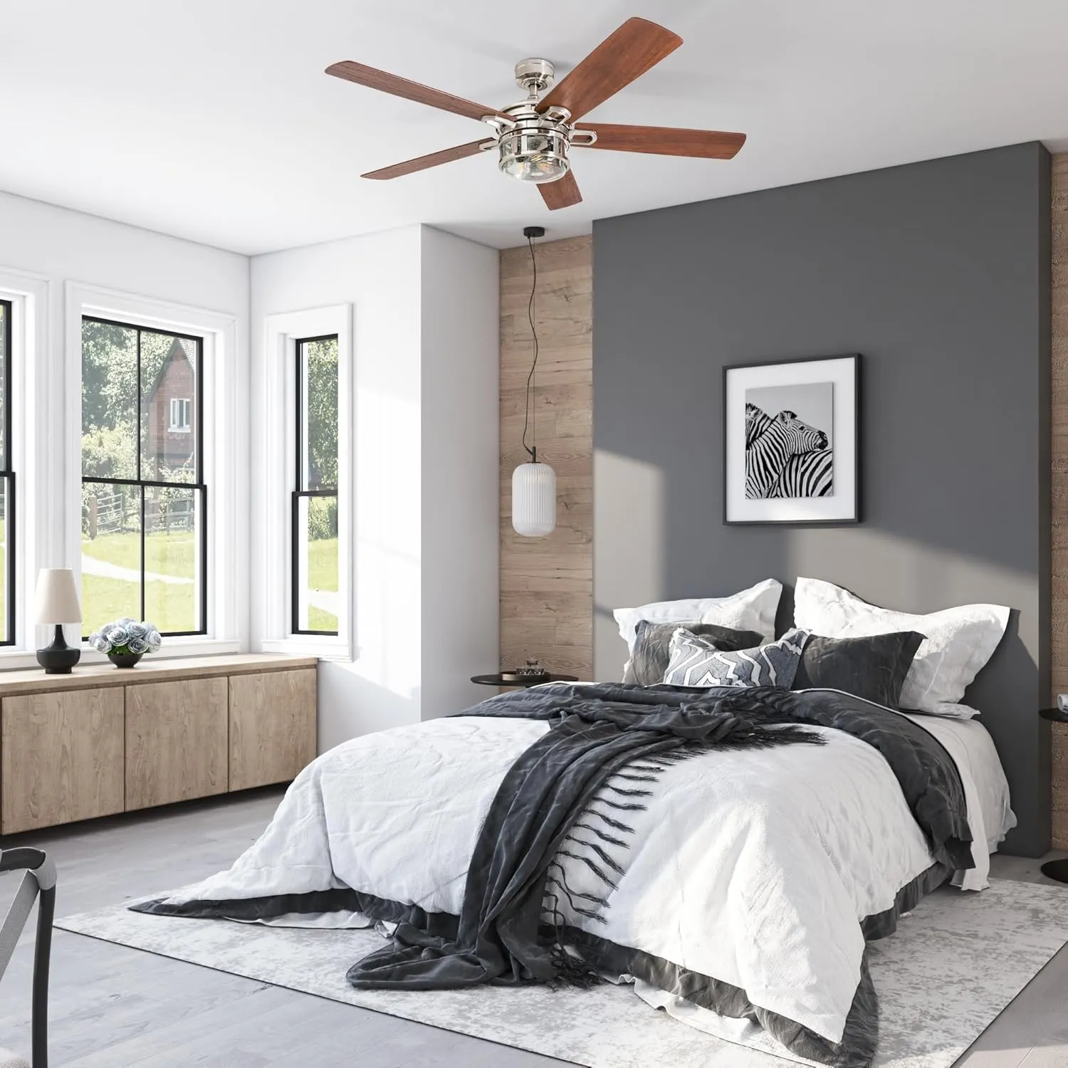 Honeywell Ceiling Fans Bonterra Modern 52 Inch Ceiling Fan with Light, Remote Control, LED Indoor Fan with 5 Blades, Light Brown Pine and Brown Chestnut Blade Finish Options, Brushed Nickel (50610-01)