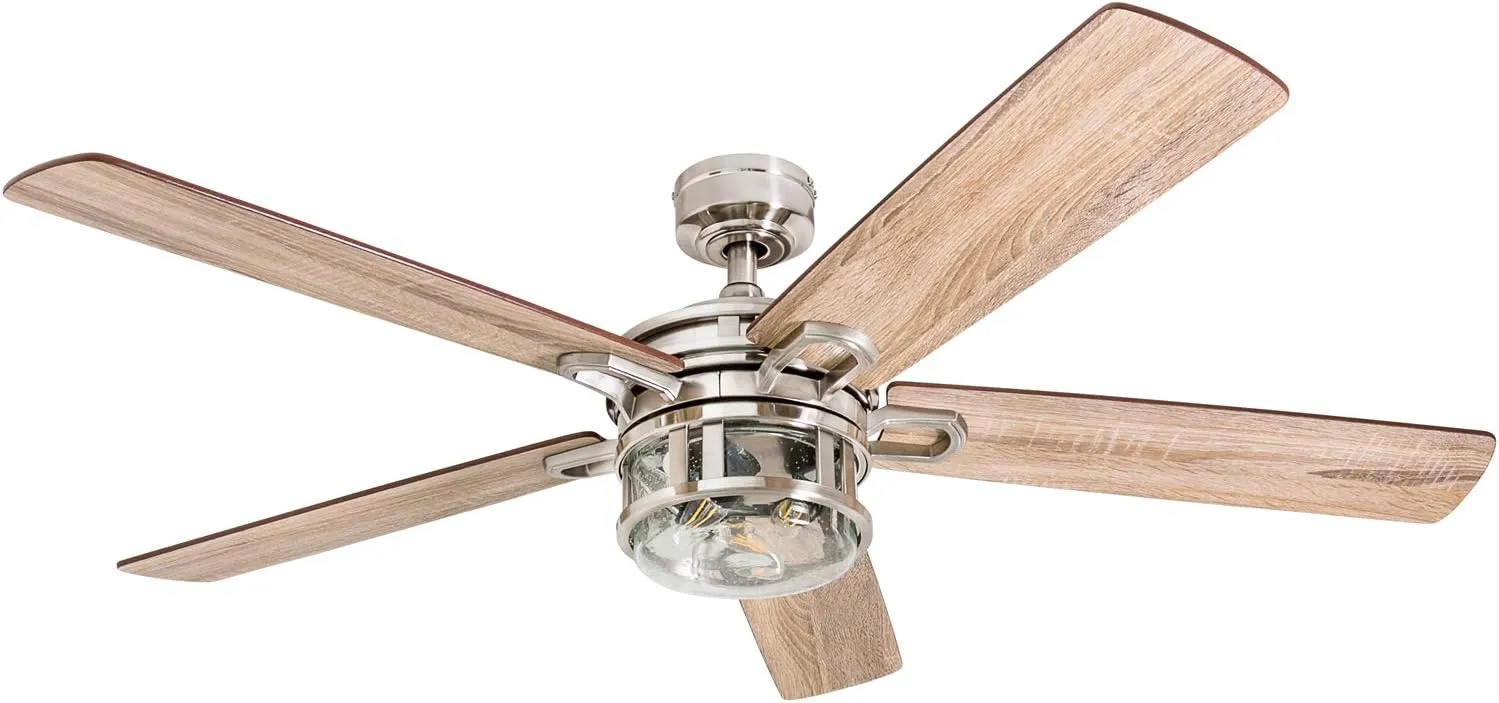 Honeywell Ceiling Fans Bonterra Modern 52 Inch Ceiling Fan with Light, Remote Control, LED Indoor Fan with 5 Blades, Light Brown Pine and Brown Chestnut Blade Finish Options, Brushed Nickel (50610-01) Fan with safety blade design