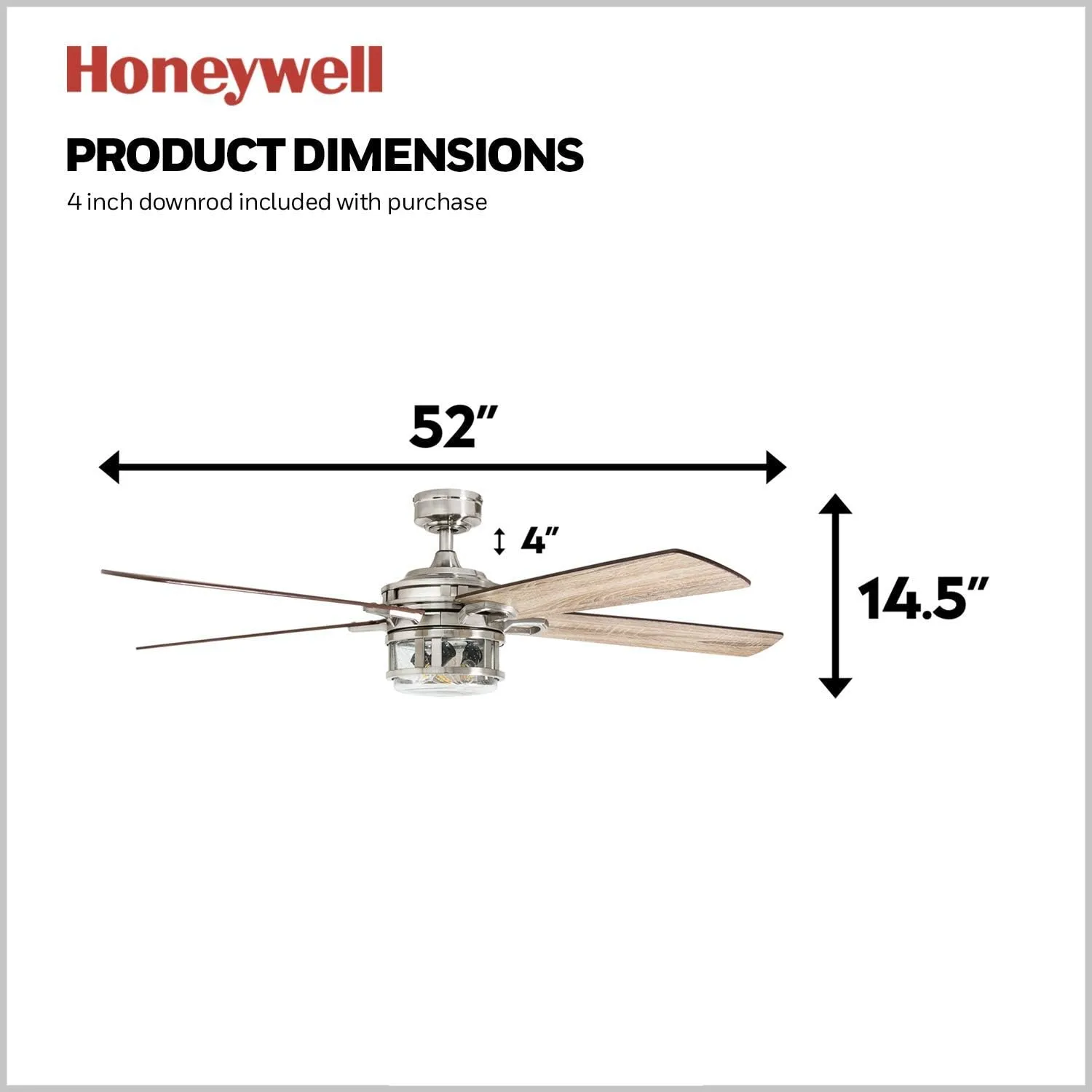 Honeywell Ceiling Fans Bonterra Modern 52 Inch Ceiling Fan with Light, Remote Control, LED Indoor Fan with 5 Blades, Light Brown Pine and Brown Chestnut Blade Finish Options, Brushed Nickel (50610-01)