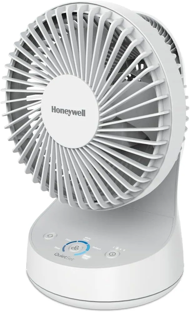 Honeywell QuietSet 5 Oscillating Table Fan, White  Personal and Small Room Fan with Quiet Operation and 5 Levels of Power and Sound Desktop fan with humidification feature
