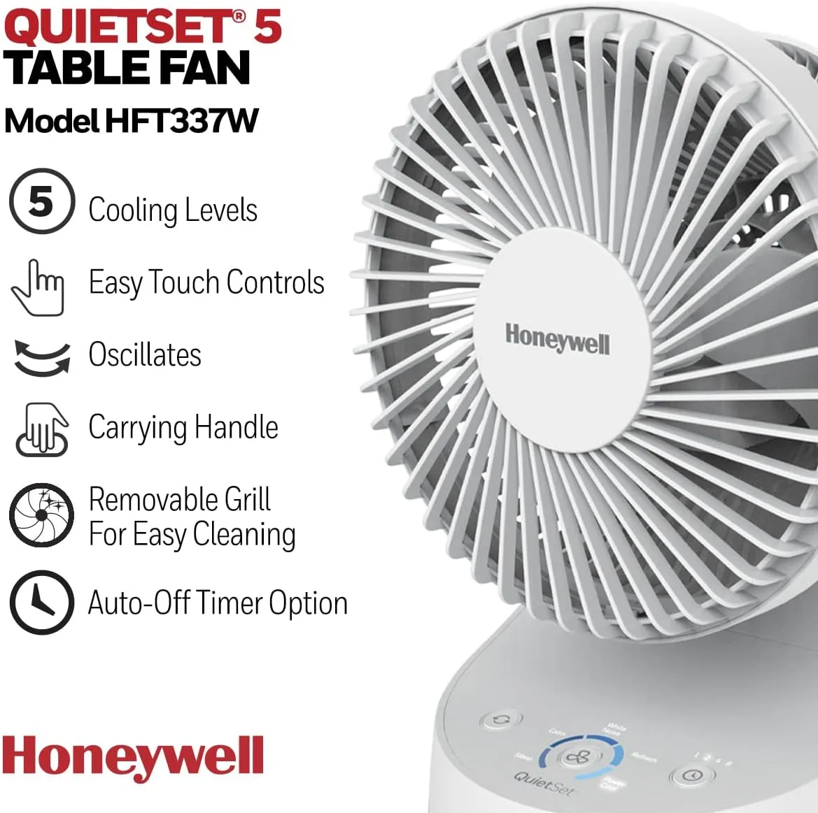 Honeywell QuietSet 5 Oscillating Table Fan, White  Personal and Small Room Fan with Quiet Operation and 5 Levels of Power and Sound