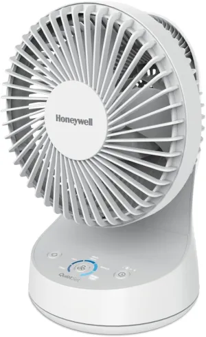 Honeywell QuietSet 5 Oscillating Table Fan, White  Personal and Small Room Fan with Quiet Operation and 5 Levels of Power and Sound Desktop fan with humidification feature