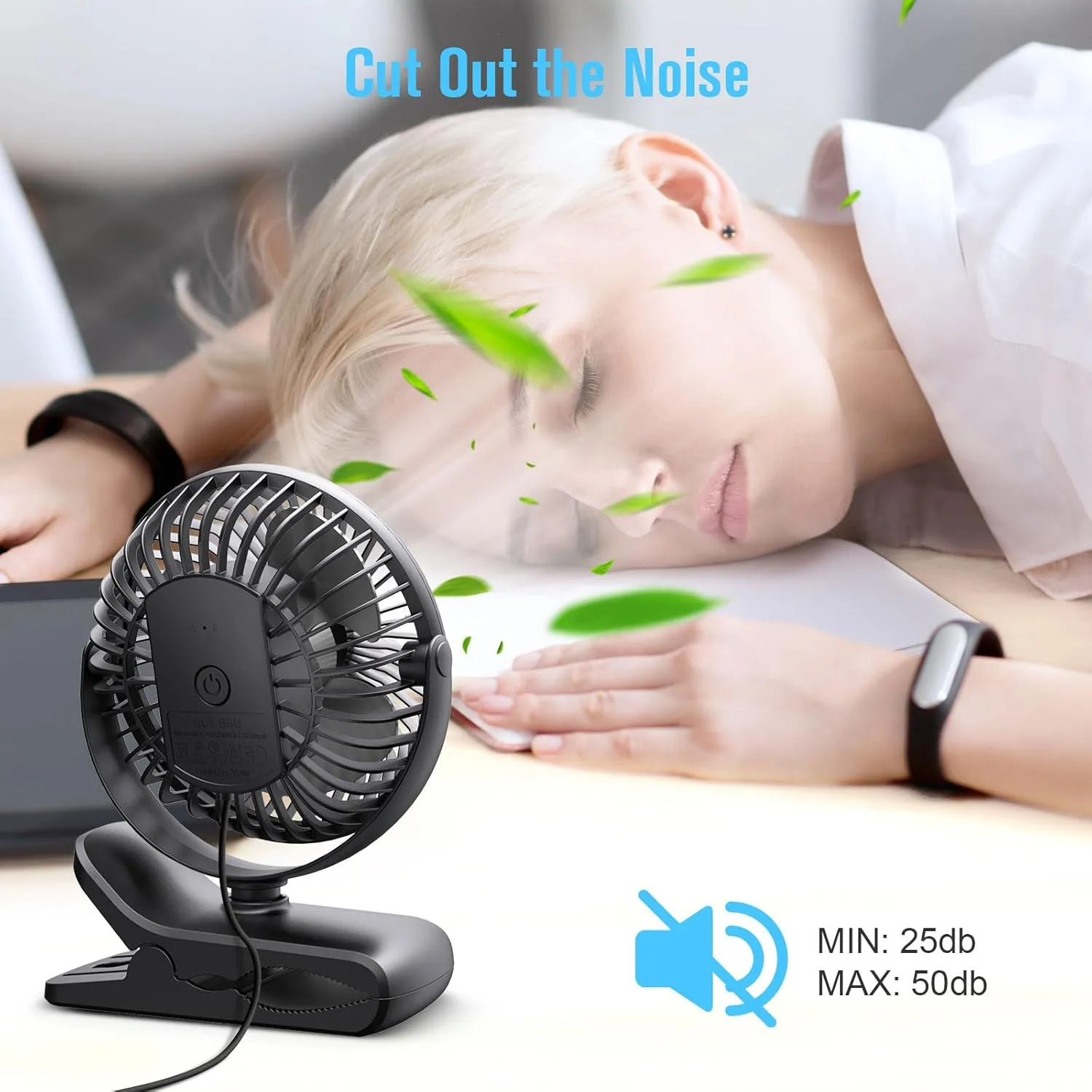 HONYIN 720 Rotation Small Desk & Clip on Fan with Sturdy Clamp, 3 Speeds, Quiet Little Personal Cooling Fan by USB Plug In, for Bedroom Office Desktop Treadmill