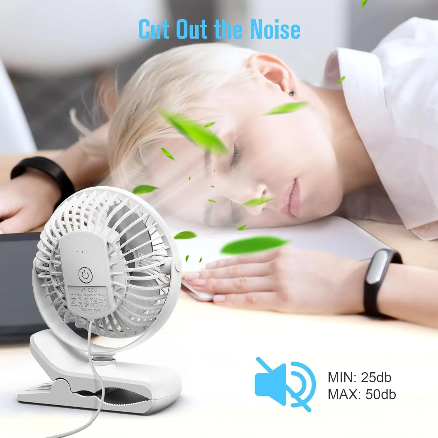 HONYIN 720 Rotation Small Desk & Clip on Fan with Sturdy Clamp, 3 Speeds, Quiet Little Personal Cooling Fan by USB Plug In, for Bedroom Office Desktop Treadmill