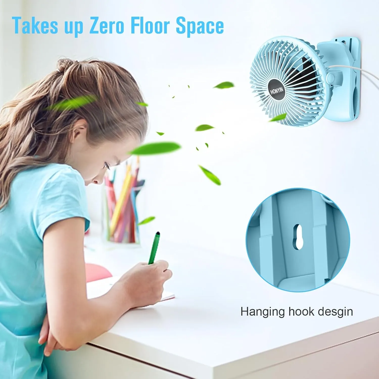 HONYIN 720 Rotation Small Desk & Clip on Fan with Sturdy Clamp, 3 Speeds, Quiet Little Personal Cooling Fan by USB Plug In, for Bedroom Office Desktop Treadmill
