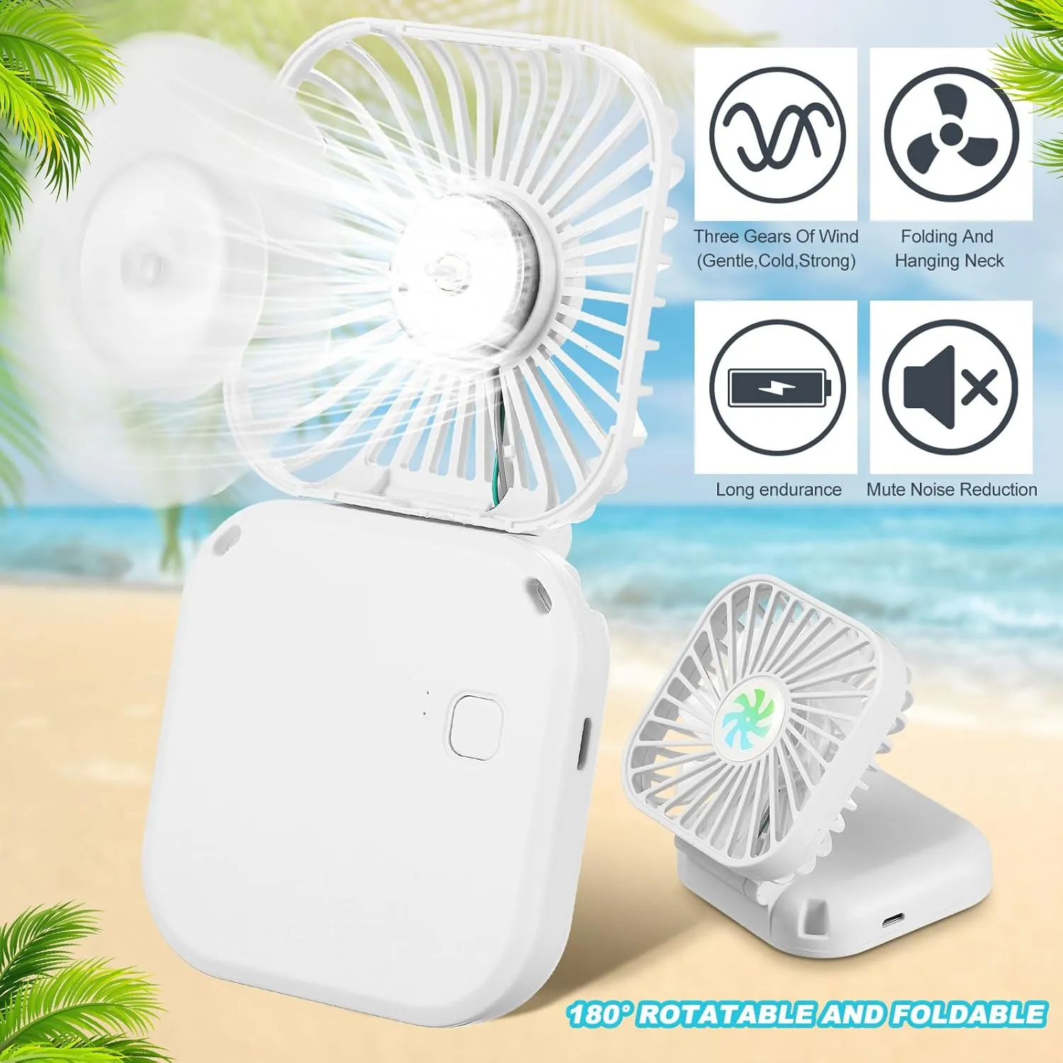 Hortsun 3 Pack Portable Neck Fan Mini Handheld Personal Foldable Fan Small Hands Free with USB Rechargeable Battery for Office Outdoor Cooling 3 Speed Air Circulatory(White)