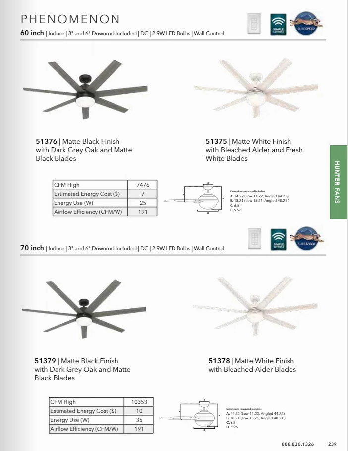 Hunter Fan Phenomenon Smart DC Ceiling Fan with 18W LED and Wall Control