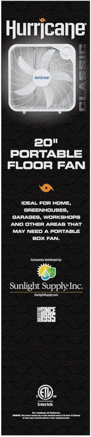 Hurricane Classic Floor Mount Box Fan w/ 3 Quiet Speeds, Black, 20" - Corded Portable Electric Air Cooling Unit w/ Powerful 2400 CFM Airflow for Home, Garage, Office, Bedroom & Basement