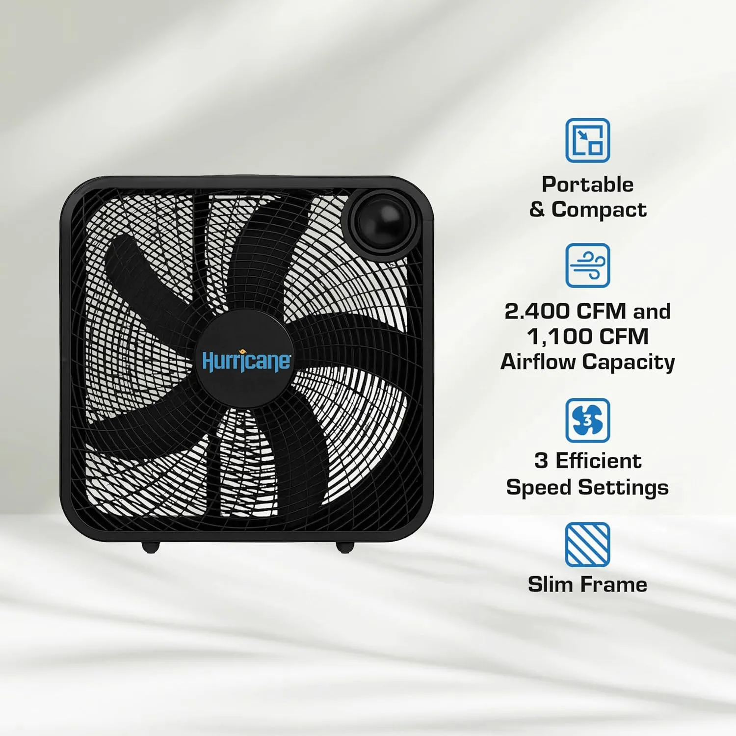 Hurricane Classic Floor Mount Box Fan w/ 3 Quiet Speeds, Black, 20" - Corded Portable Electric Air Cooling Unit w/ Powerful 2400 CFM Airflow for Home, Garage, Office, Bedroom & Basement