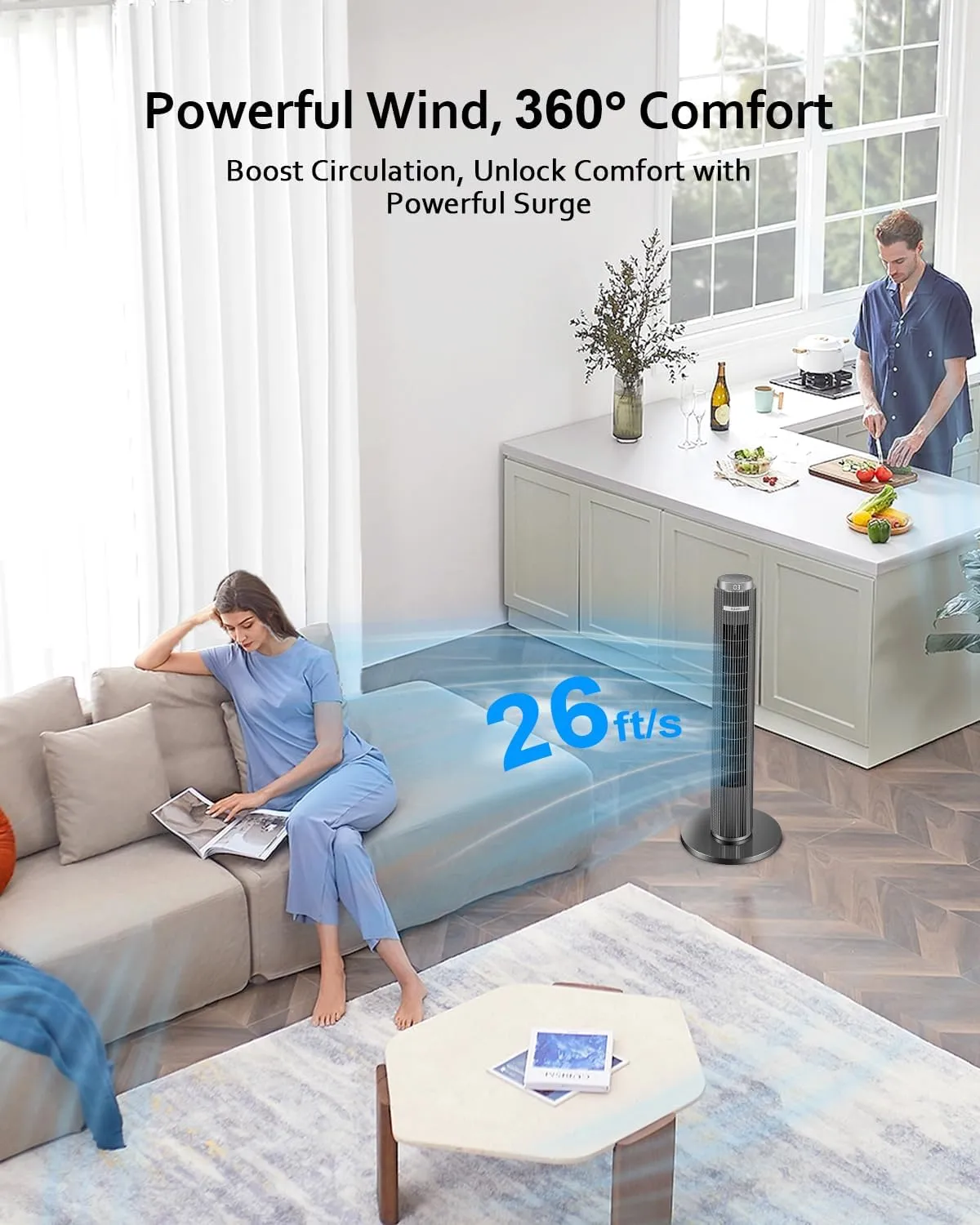 hykolity Tower Fan for Bedroom, 90 Oscillating Standing Fan, 28dB Ultra Quiet, 26ft/s Velocity 38'' Bladeless Fan with 3 Speeds & 4 Modes, 12H Timer, Remote, Floor Fan for Living Room, Home, Office