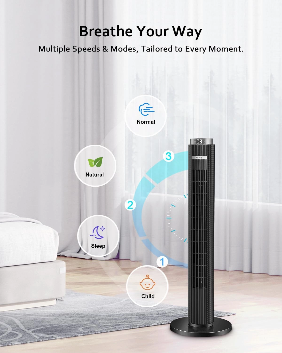 hykolity Tower Fan for Bedroom, 90 Oscillating Standing Fan, 28dB Ultra Quiet, 26ft/s Velocity 38'' Bladeless Fan with 3 Speeds & 4 Modes, 12H Timer, Remote, Floor Fan for Living Room, Home, Office
