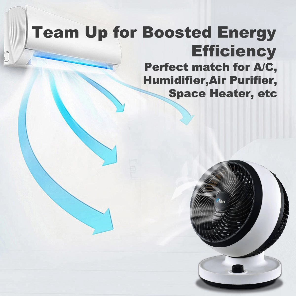 iFan 7" Air Circulator Fan - Turbo, Powerful Airflow, Desk Fan, Oscillation, 90 Tilt, Portable, 3-Speed, Quiet, black & white, IF7530
