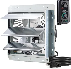 iLIVING 12" Wall Mounted Shutter Exhaust Fan, Automatic Shutter, with Thermostat and Variable Speed controller, 0.6A, 960 CFM, 1400 SQF Coverage Area Silver (ILG8SF12V-ST) Fan with safety blade design
