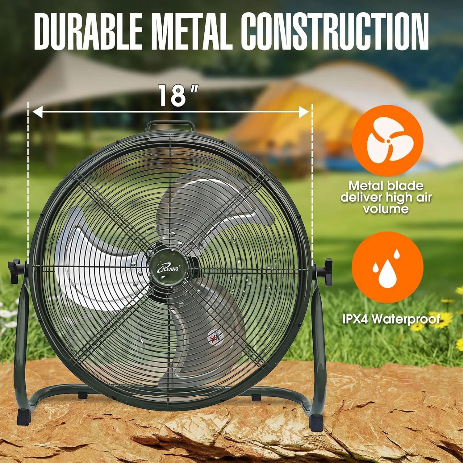 iLiving 18" Rechargeable Battery Operated Camping Floor Fan, High Velocity Portable Outdoor Fan with Metal Blade, With Built-in Lithium Battery for Whole Day Usage, 18 Inches, Military Green