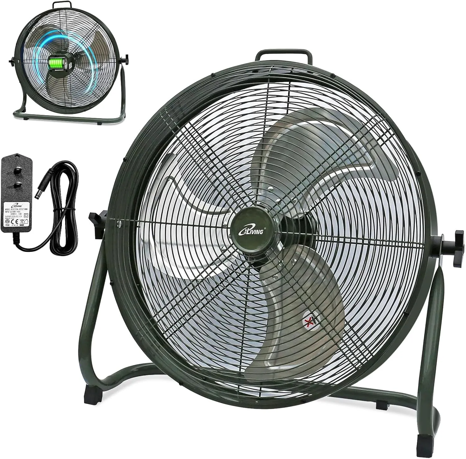 iLiving 18" Rechargeable Battery Operated Camping Floor Fan, High Velocity Portable Outdoor Fan with Metal Blade, With Built-in Lithium Battery for Whole Day Usage, 18 Inches, Military Green Battery-powered portable fan