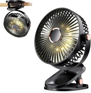 iNeibo 4000mAh Portable Clip on Fan with LED Lights, Battery Operated USB Desk Fan,4 Speed Quiet Rechargeable Mini Table Fan, 360 Rotate Personal Cooling Fan for Home Office Stroller Camping (Black) 360-degree rotating fan for home use