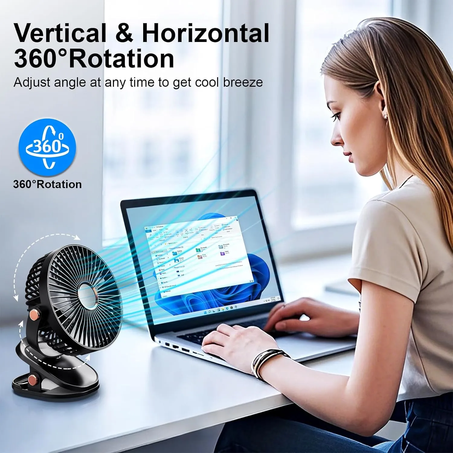 iNeibo 4000mAh Portable Clip on Fan with LED Lights, Battery Operated USB Desk Fan,4 Speed Quiet Rechargeable Mini Table Fan, 360 Rotate Personal Cooling Fan for Home Office Stroller Camping (Black)