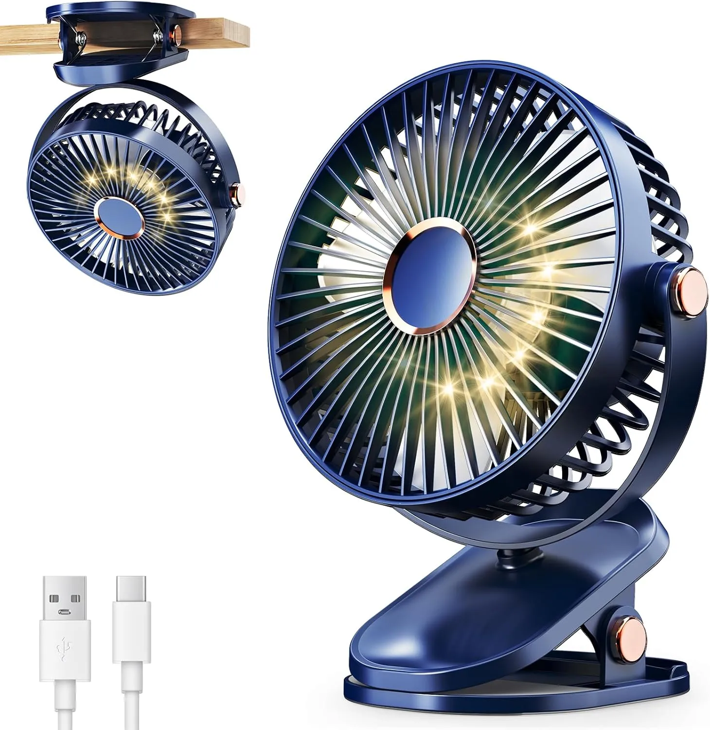 iNeibo 4000mAh Portable Clip on Fan with LED Lights, Battery Operated USB Desk Fan,4 Speed Quiet Rechargeable Mini Table Fan, 360 Rotate Personal Cooling Fan for Home Office Stroller Camping Blue 360-degree rotating fan for home use